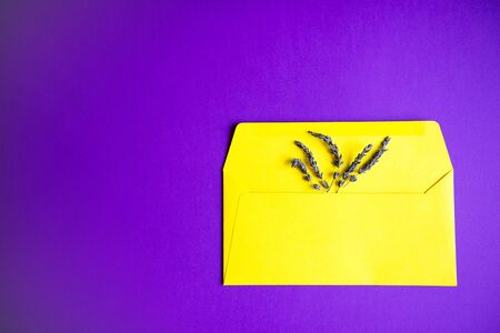 Composition of lavender flowers and yellow envelope of paper on a purple background. Flat lay. Copy...