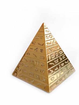 Golden pyramid with hieroglyphs on a white backgroundの写真素材