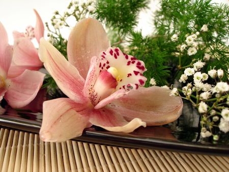 bouquet of pink orchids and white flowers on plateの写真素材