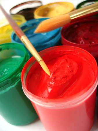 Brush and many paint jars with gouache の写真素材