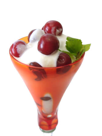 dessert in glass isolated on white(cherry with cream) の写真素材