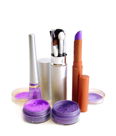 violet set for make-up (brushes, eyeshadows, rouge, nail polish and lipstick) の写真素材