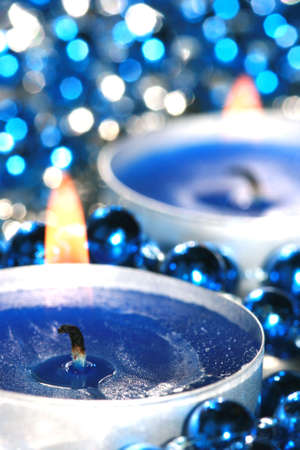 blue candles with decoration balls の写真素材
