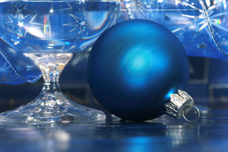 celebration table - blue Christmas ball and glass の写真素材