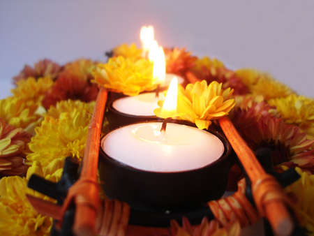 row of candles with yellow flowers の写真素材