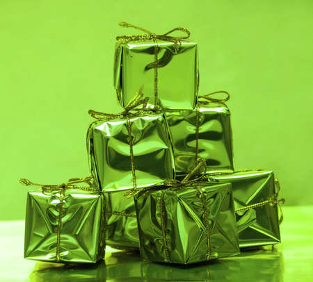 Stack of green gift boxes の写真素材