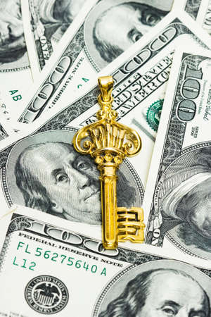 golden key on dollars background の写真素材