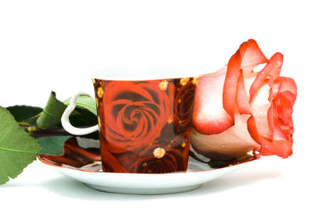 red cup of coffee with rose の写真素材