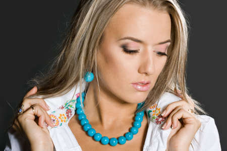 portrait of pretty woman on black background の写真素材