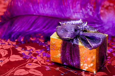 gift box with violet feather の写真素材