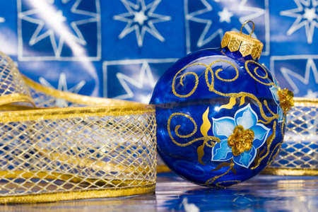 blue festive decoration with ribbon の写真素材
