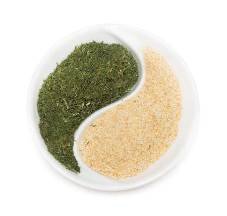Spice of thyme and garlic on plate の写真素材
