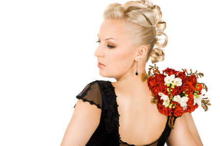 woman with bouquet of flowers の写真素材