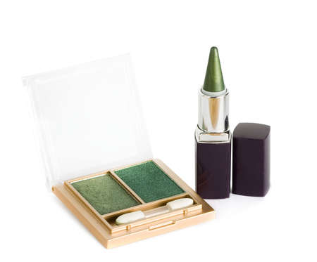 green make-up eyeshadows and cosmetic brushの写真素材