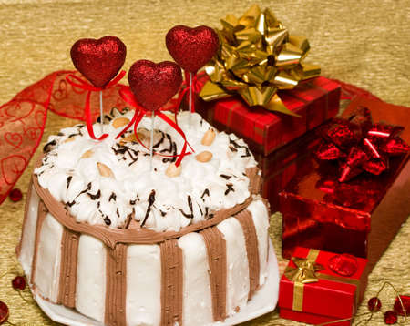 cake with red valentine heartsの写真素材