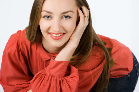 fashionable woman with smile on white の写真素材