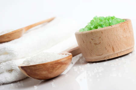Spa essentials (bath salt in a spoon and towel)の写真素材