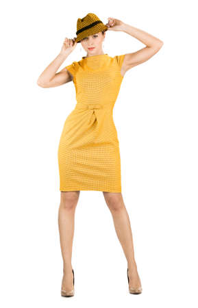 attractive businesswoman in yellow dressの写真素材