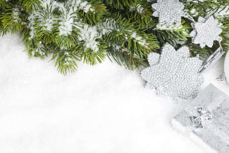 branch of Christmas tree with gift box and starの写真素材