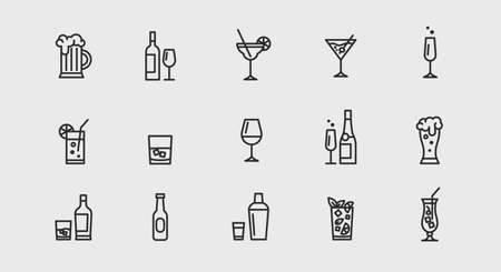 Alcoholic cocktails icons set. Simple outline cocktails icons isolated on white background. Set includes beer, mojito, whiskey. Icons set for restaurant, pub, bar.のイラスト素材