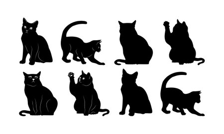Set of 8 icons of black cat in different positions isolated on whiteのイラスト素材