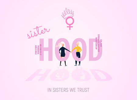 Two women holding hands with sisterhood word text on background. Friendship, feminist concept. Trendy flat design. Vector illustrationのイラスト素材
