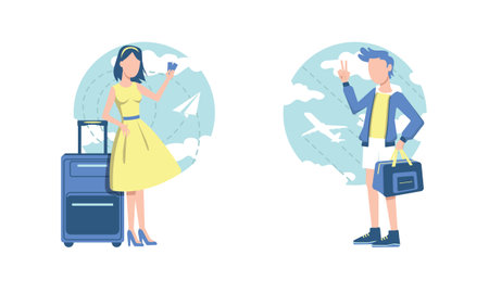 Woman and man with luggage going for tripのイラスト素材