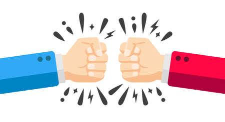 Two hand fists fightings. Versus, fighting concept of two peoples. Blue vs Red. Two fists bumping together. Vector illustrationのイラスト素材