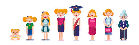 Life cycle of woman. Women characters in a cartoon flat style. Woman in different ages, from young to old. The cycle of human life. Vector characters.のイラスト素材