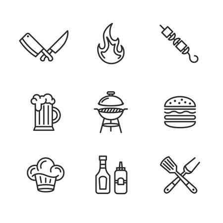 Barbecue icons set. Grill, bbq outline icons isolated on white background. Simple design for Steak House, Restaurant, Butchery. Vector illustrationのイラスト素材