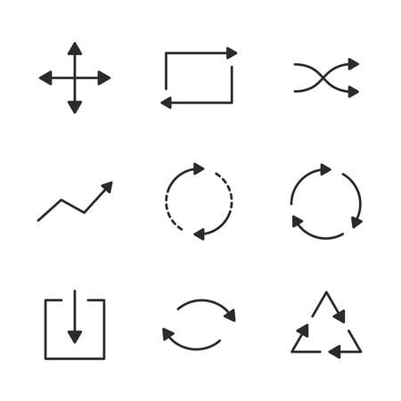 Arrows line icons set. Thin arrows icons isolated on white background. Circle, Square, Triangle shapes. Linear arrows icons. Vector illustrationのイラスト素材