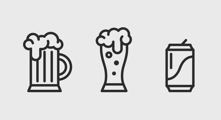 Beer mug, glass, can icons. Beer glass icons set. Cake, Beer mug, glass, can icons isolated on white background. Vector illustrationのイラスト素材