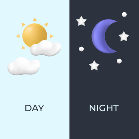 Day and Night. Trendy 3d realistic style. Sun and clouds. Moon and stars. Template for ui, web design. Vector illustrationのイラスト素材