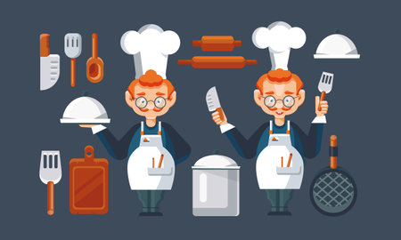 Chef character in restaurant kitchen set. Cartoon character in chef hat and uniform. Cooking and kitchen utensils in trendy flat style. Knives, Cooking pan, Spatula. Vector illustrationのイラスト素材