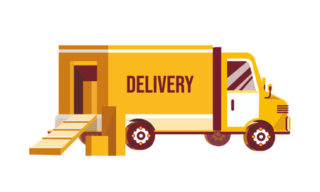 Delivery truck icon. Yellow truck with opened back door isolated on white background for web design and social media. Vector illustrationのイラスト素材