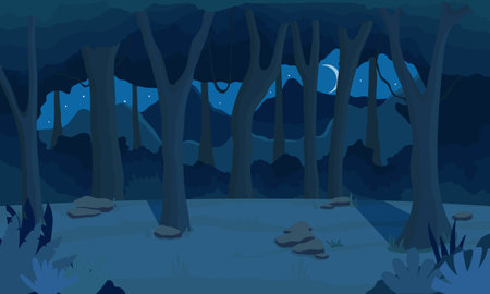 Night Forest cartoon background. Beautiful nature landscape. Environment, park concept. Trendy cartoon style. Vector illustrationのイラスト素材