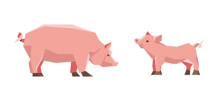 Low poly Pig and piggy isolated on white background. Pork, pig silhouette. Trendy flat style. Livestock, farm animal. Graphics for butchery, grocery store, farmer's market. Vector illustrationのイラスト素材
