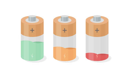 Battery set with different charge level. Fully, medium and low charged batteries isolated on white background. Battery icons , poster design. Vector illustrationのイラスト素材