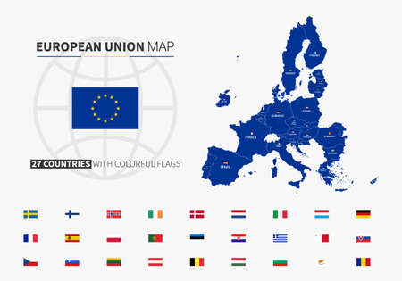 European Union map. Map of EU with countries and flags. EU flag. Set of 27 flags. Europe background. Vector illustrationのイラスト素材