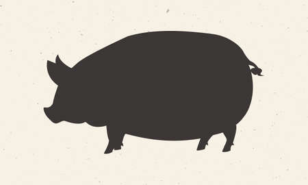 Pig, Pork icon. Black Pig silhouette isolated on a light background. The farm animal designed for emblems, badges, posters. Butchery, Meat Shop, Grocery store. Vector illustrationのイラスト素材