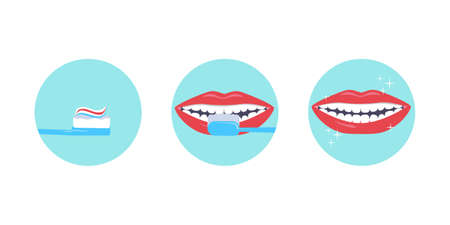 Oral hygiene icons. Toothbrush with toothpaste, process of brushing, mouth with clean teeth isolated on white background. Healthy oral hygiene. Vector illustrationのイラスト素材
