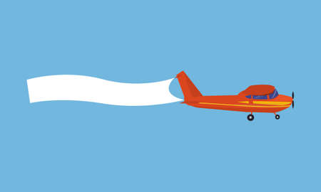 Airplane banner illustration. Colored aeroplane with banner isolated on light blue backfround. Advertisement related image. Vector illustrationのイラスト素材