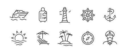 A set of 10 black outline icons standing for sea travel, tourism, and holiday topics.Yacht,suitcase,lighthouse,ship wheel,anchor,sun,lounge bed, island, on white background. Vector Illustrationのイラスト素材