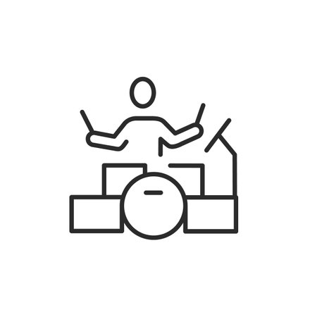 A minimalistic icon depicting a person playing the drums in a line art style.Drummer during the concert.Vector illustrationのイラスト素材