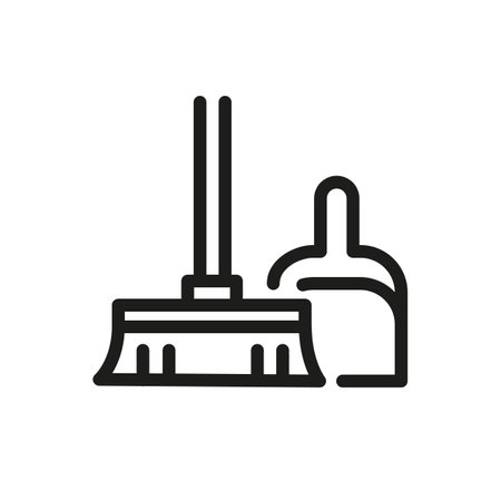 Broom and scoop icon for web, mobile, promo for household cleaning, hygiene. Single outline, vector illustration.のイラスト素材