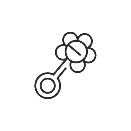 Baby rattle icon. A minimalistic depiction of a flower-shaped baby rattle, a classic toy for infants that stimulates sound and motor skills. Suitable for baby stores and services. Vector illustrationのイラスト素材