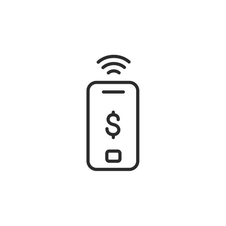 Mobile Payment icon. Simplified depiction of a smartphone with a dollar sign and wireless signal, signifying contactless payment, digital transactions. Suitable for mobile banking. Vector illustrationのイラスト素材