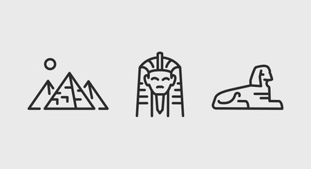 Ancient Egyptian landmarks icons. Ancient Egyptian landmarks trendy minimal icons set. Pyramids, Pharaoh, Sphinx icon. Design signs for web page, mobile app, packaging design. Vector illustrationのイラスト素材