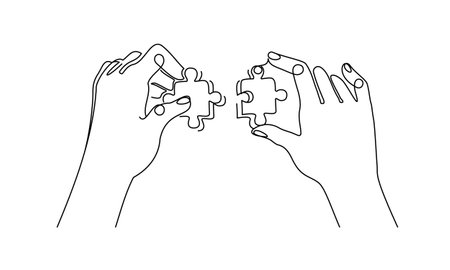 Puzzle and hands in one continuous line drawing. One line poster. Outline hands and puzzle. For interior design and presentations. Vector illustration.のイラスト素材