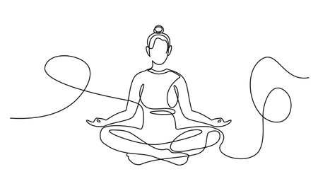 Yoga in one continuous line drawing. One line poster. Outline Yoga Lotus Pose. For interior design and presentations. Vector illustration.のイラスト素材